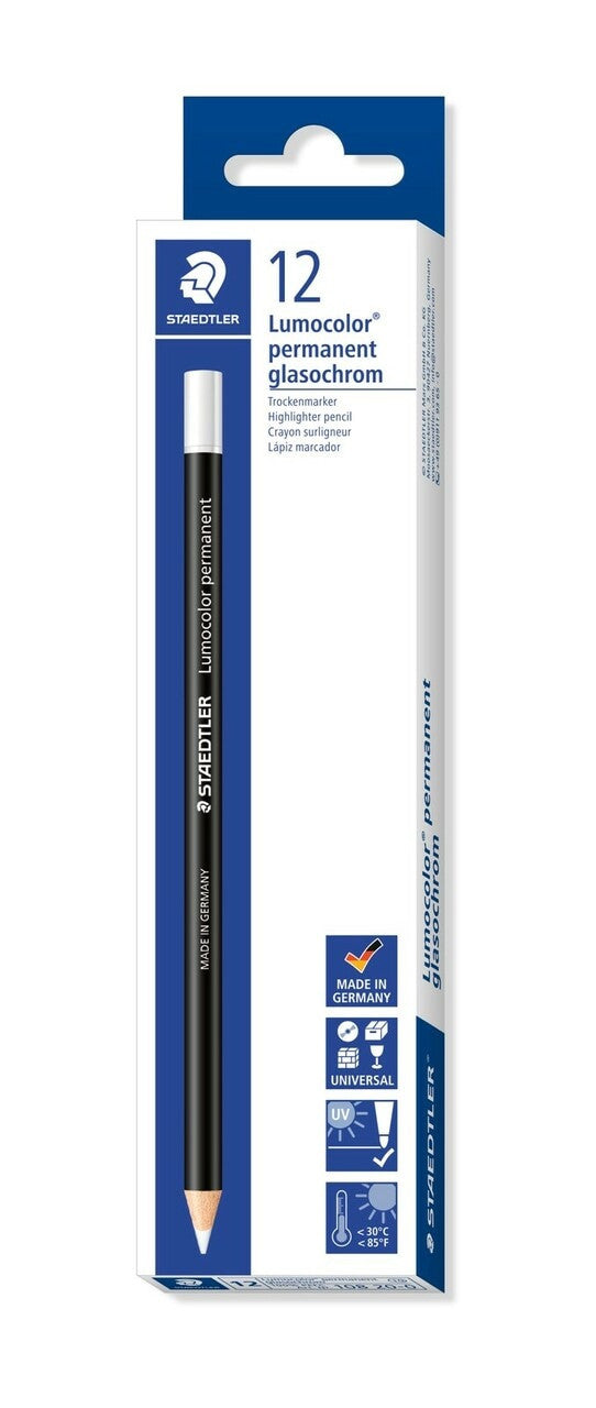 Staedtler 108 20-0 Lumocolor Permanent Glasochrom Pencils White Box 12