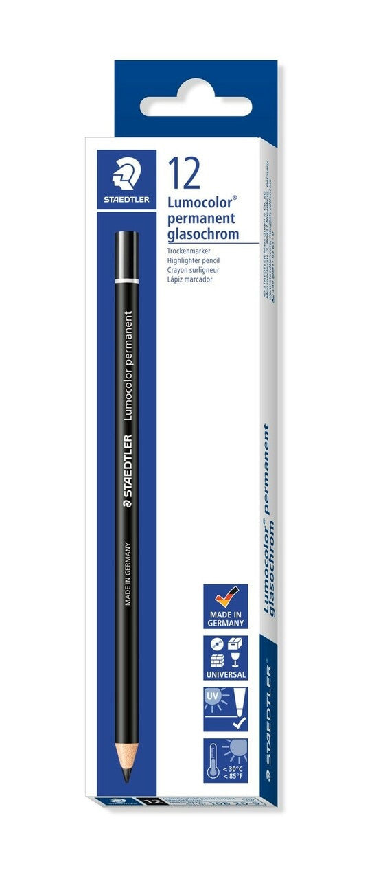 STAEDTLER 108 20-9 LUMOCOLOR PERMANENT GLASOCHROM PENCILS BLACK BOX 12