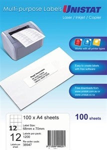 UNISTAT MULTIPURPOSE 12 LABELS PER SHEET (100 A4 SHEETS PER PACK)