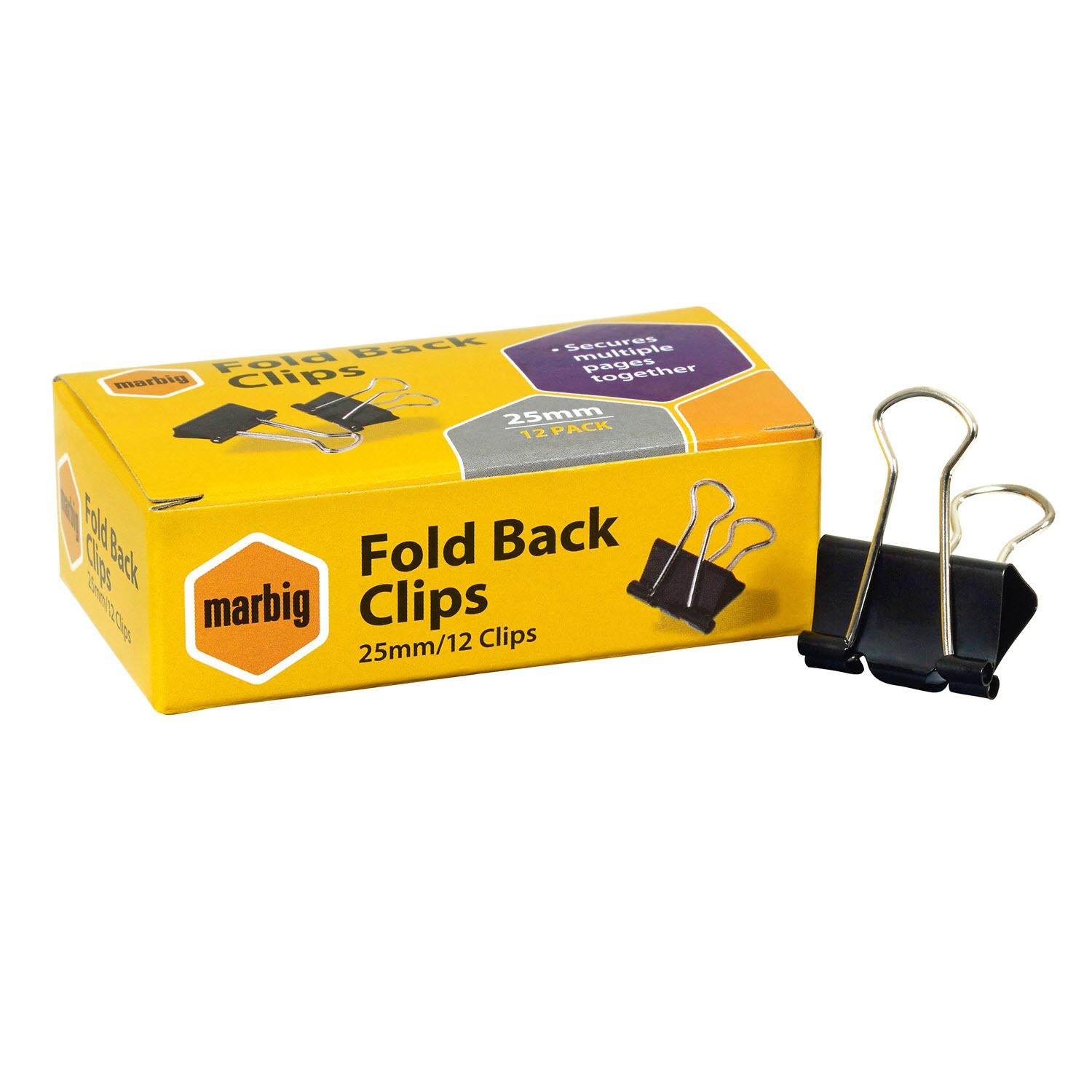 MARBIG 25MM FOLD BACK CLIPS (12 PACK)