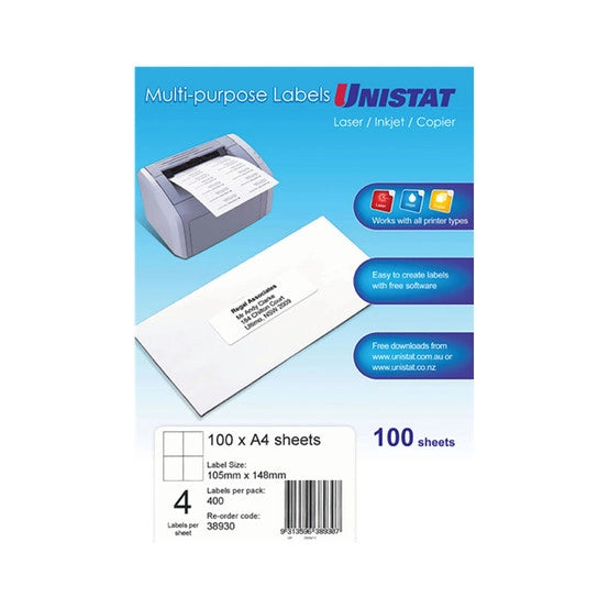 Unistat Lip Label 4Up 105 By 148 Box Of 100