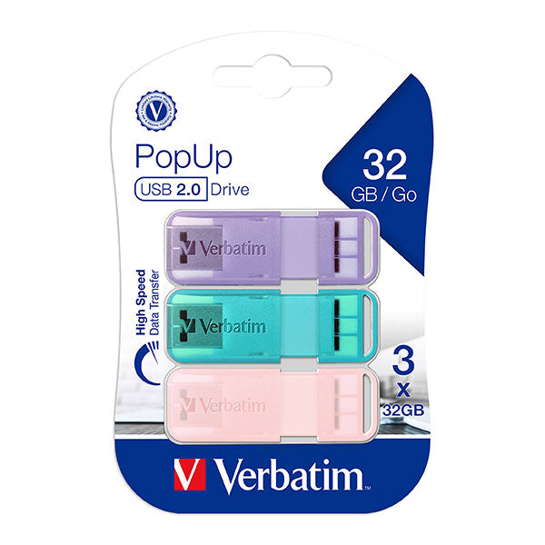 VERBATIM POP UP 2.0 USB TRIPLE PACK 32GB ASSORTED PASTEL COLOURS