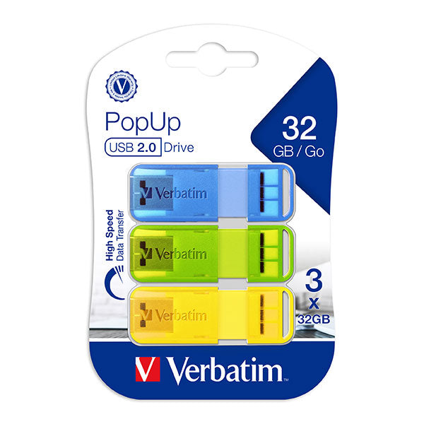 VERBATIM POP UP 2.0 USB TRIPLE PACK 32GB ASSORTED BRIGHT COLOURS