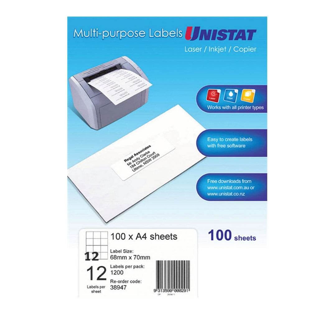 UNISTAT 38947 MULTIPURPOSE LABEL 68X70MM PACK 100 | 12UP