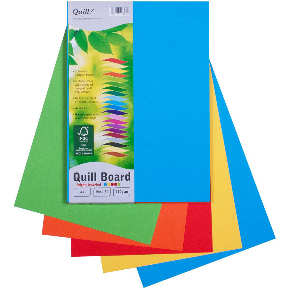 QUILL BOARD A4 210GSM BRIGHTS ASSORTED PACK OF 50