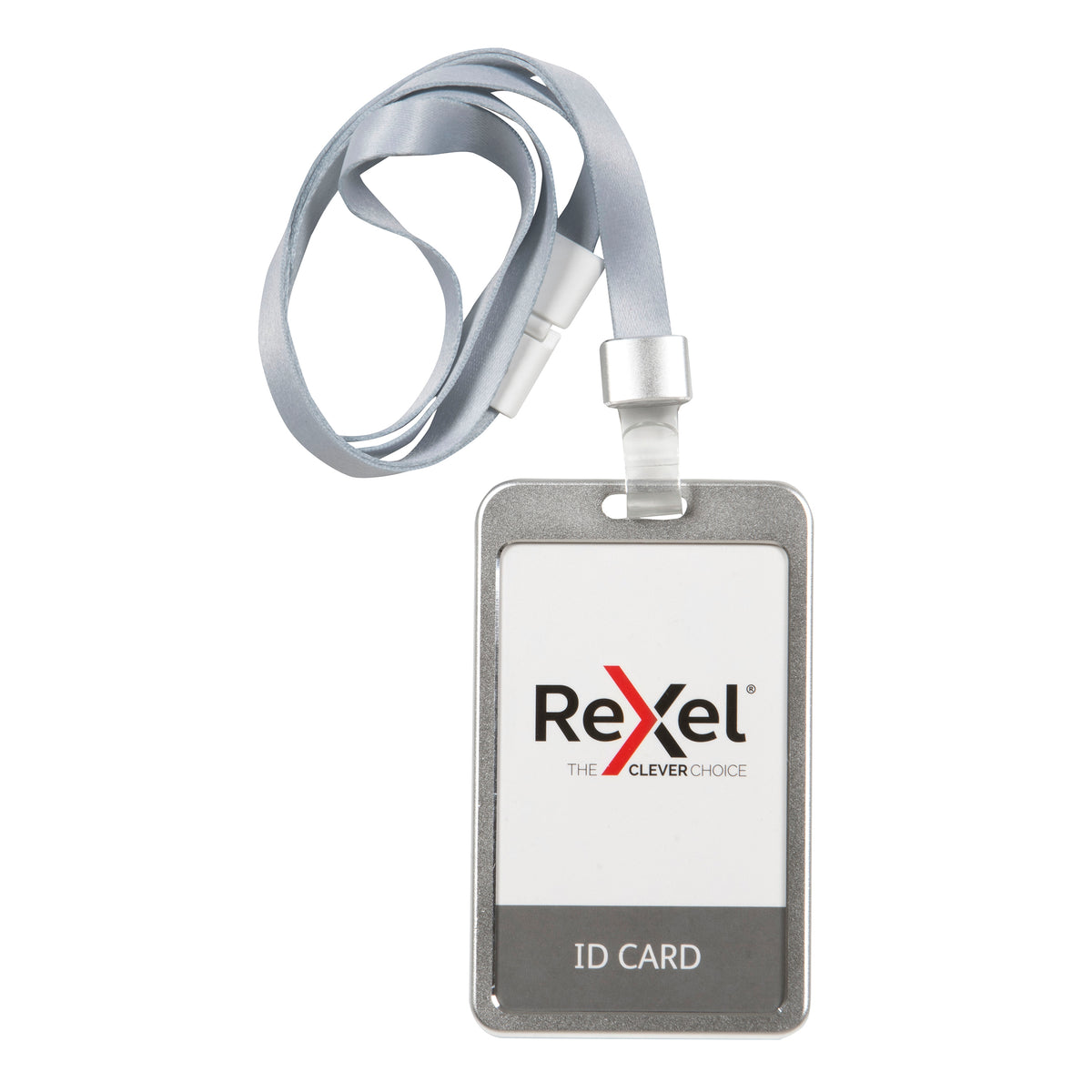REXEL ID CARD HOLDER WITH LANYARD ALUMINIUM SILVER PORTRAIT