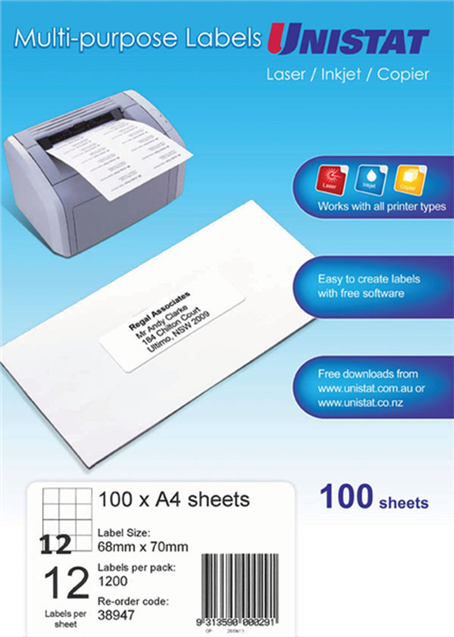UNISTAT 38947 MULTIPURPOSE LABEL 68X70MM PACK 100 | 12UP